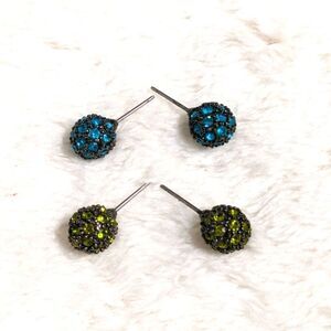 Vintage Sparkly Rhinestone Stud Earrings (2) Pair Green and Teal